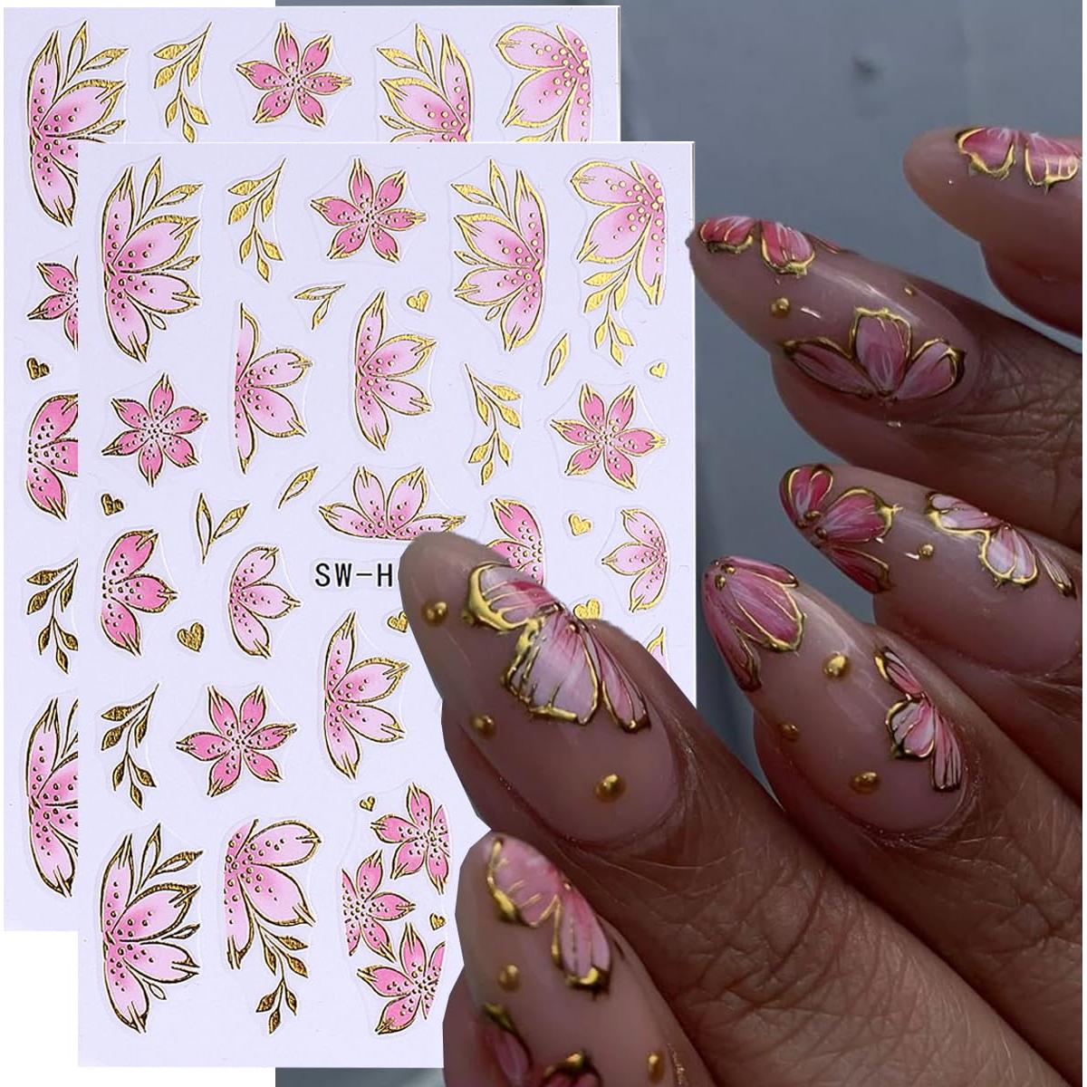Calcomanías 5D de Uñas de Flores Rosadas y Moradas - 6PCS