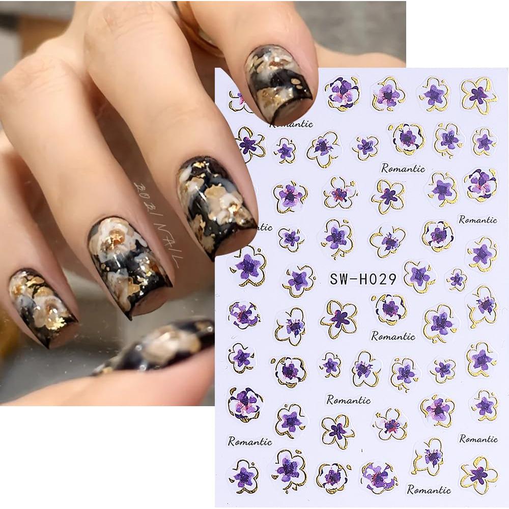 Calcomanías 5D de Uñas de Flores Rosadas y Moradas - 6PCS