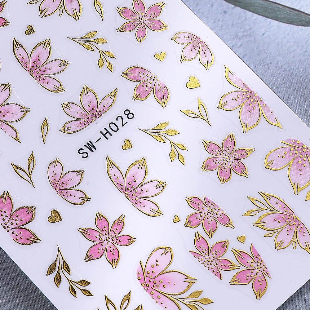 Calcomanías 5D de Uñas de Flores Rosadas y Moradas - 6PCS