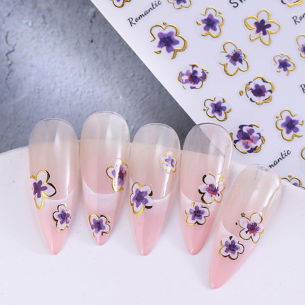 Calcomanías 5D de Uñas de Flores Rosadas y Moradas - 6PCS
