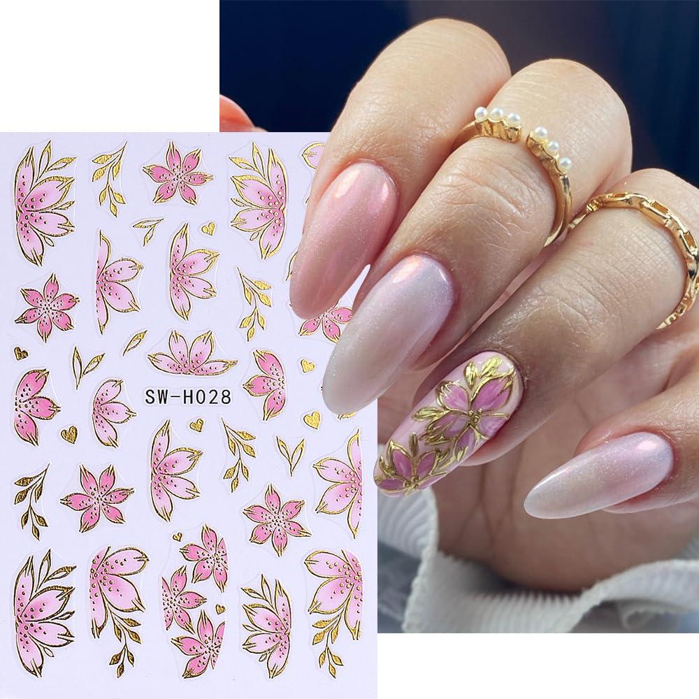 Calcomanías 5D de Uñas de Flores Rosadas y Moradas - 6PCS