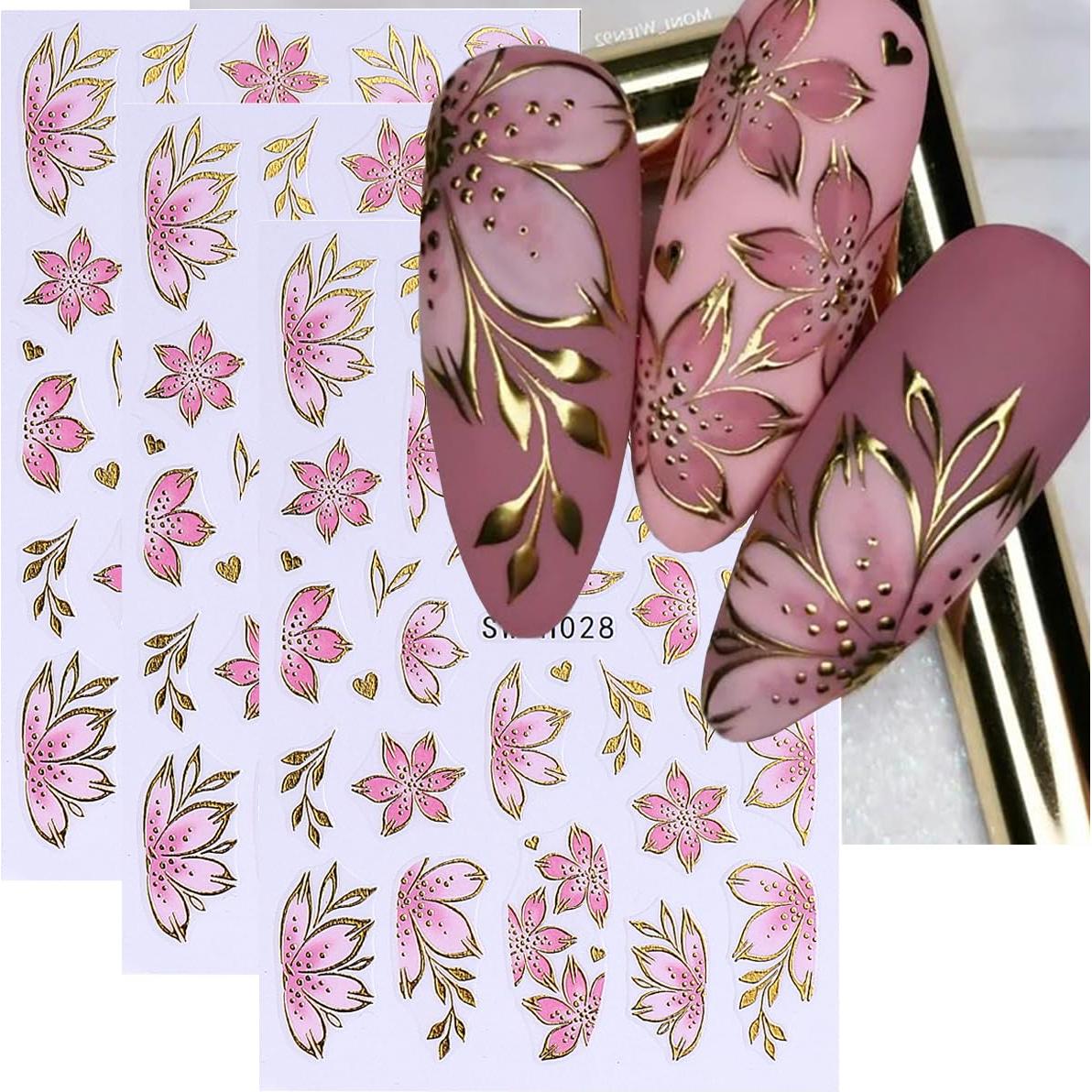 Calcomanías 5D de Uñas de Flores Rosadas y Moradas - 6PCS