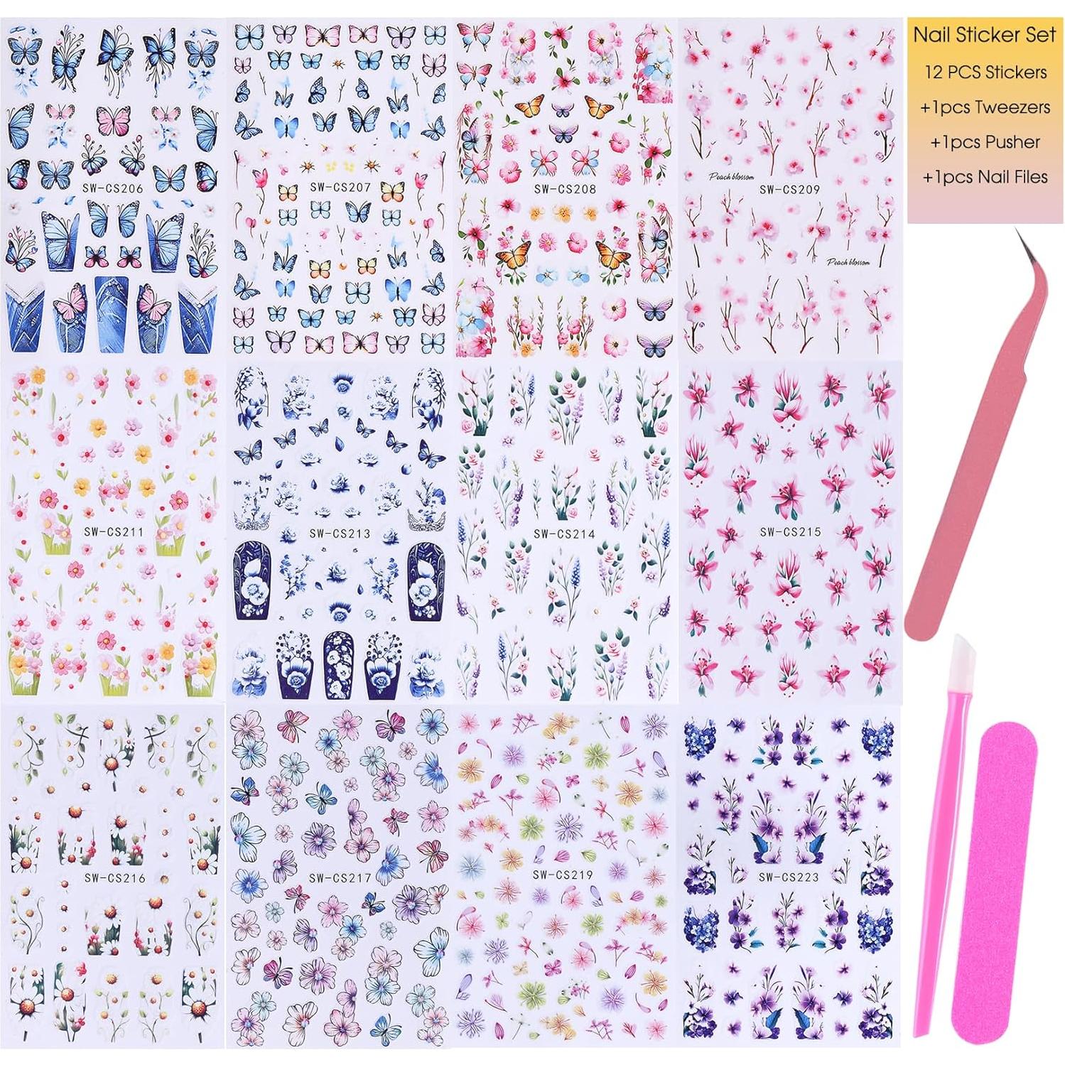 Calcomanías de Uñas STZPRONAIL - 12 Hojas Flores 3D Primavera