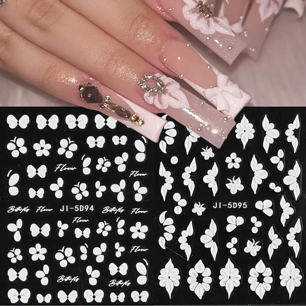 Calcomanías de Uñas 3D POWPOP Flores Blancas 5 Piezas