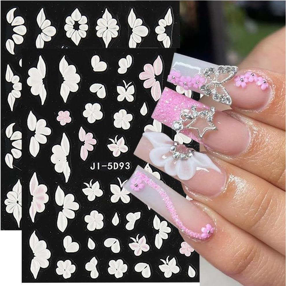 Calcomanías de Uñas 3D POWPOP Flores Blancas 5 Piezas