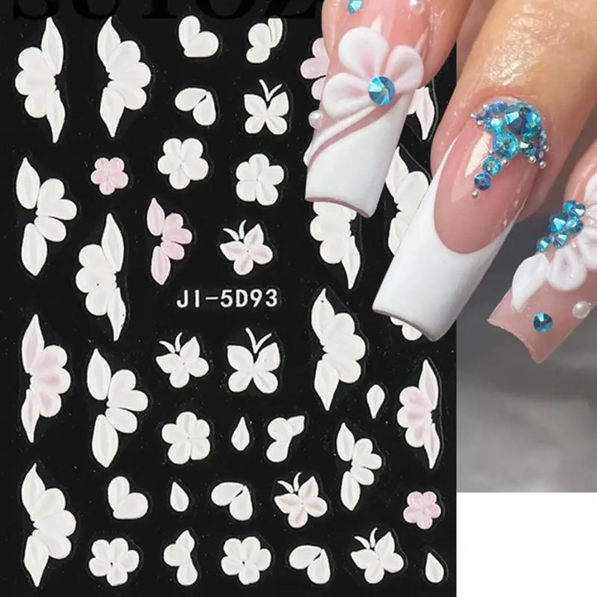 Calcomanías de Uñas 3D POWPOP Flores Blancas 5 Piezas