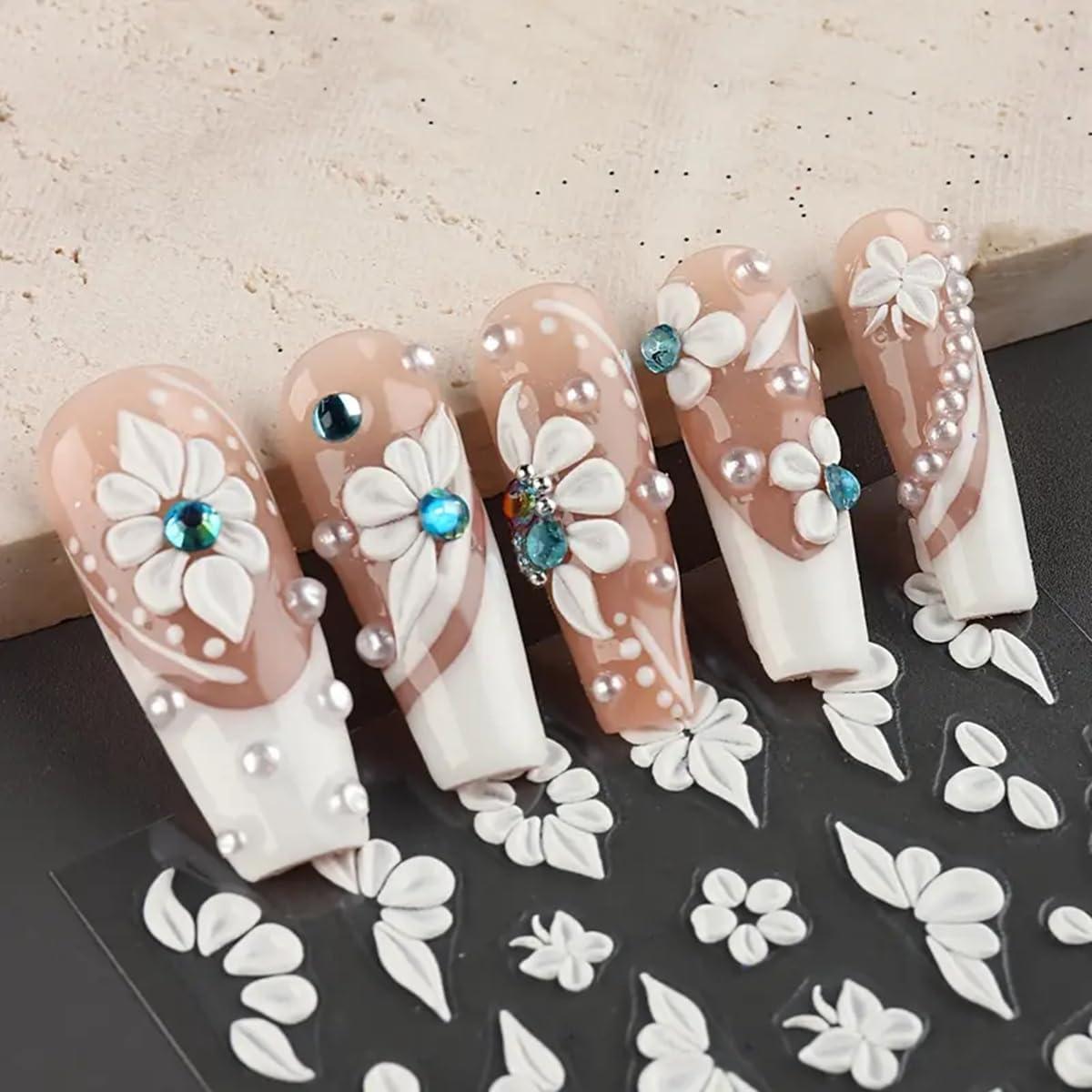 Calcomanías de Uñas 3D POWPOP Flores Blancas 5 Piezas