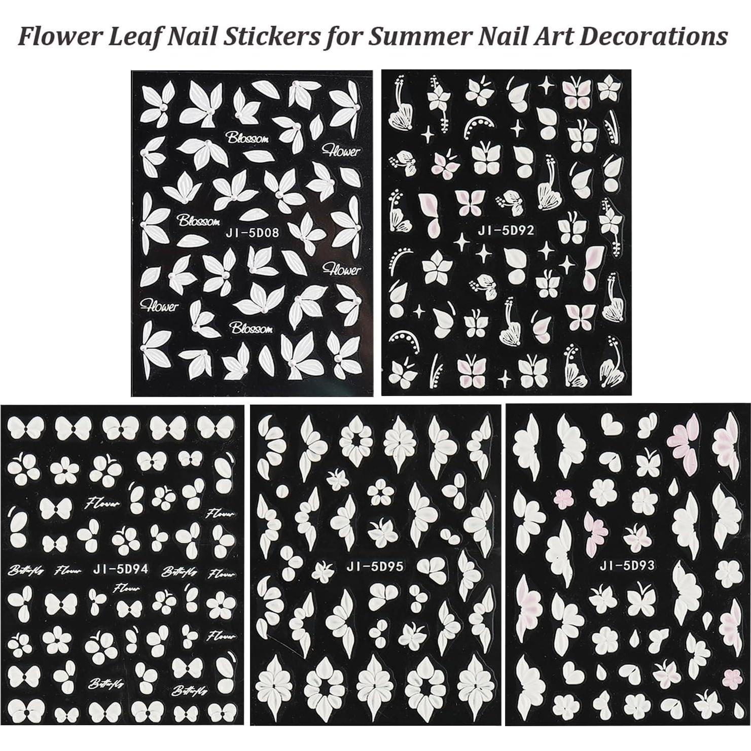 Calcomanías de Uñas 3D POWPOP Flores Blancas 5 Piezas