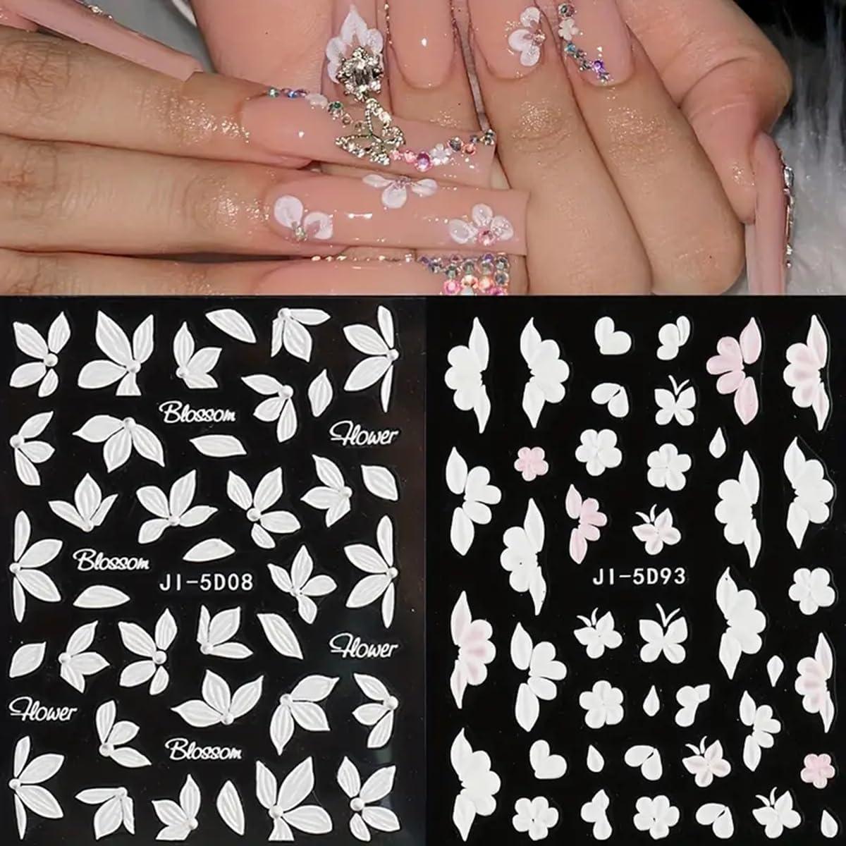 Calcomanías de Uñas 3D POWPOP Flores Blancas 5 Piezas