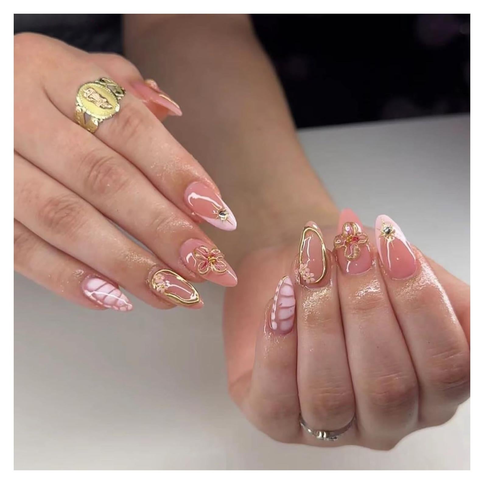 24 Uñas Falsas Almendra FIEONCIY con Diseño Floral y Kit