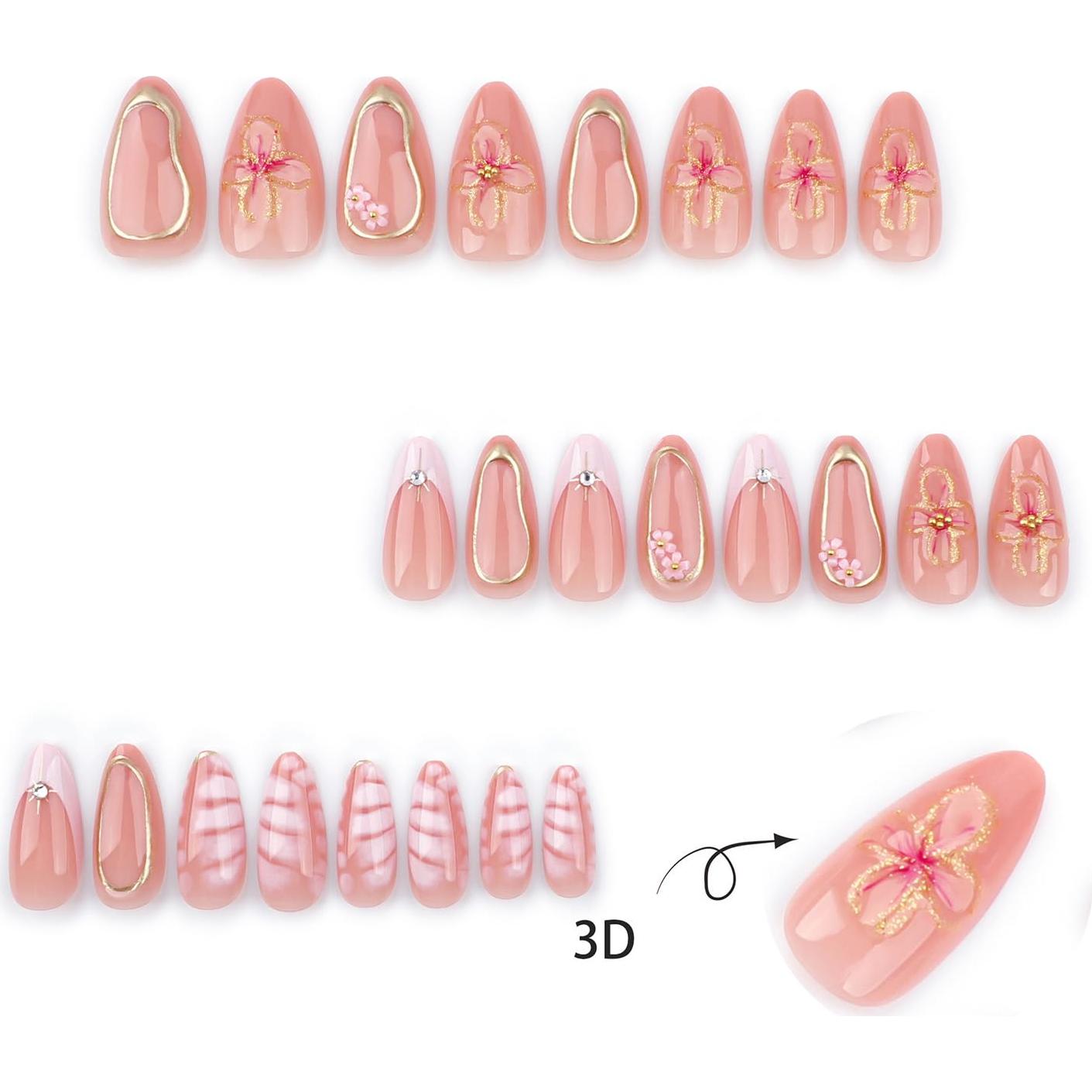24 Uñas Falsas Almendra FIEONCIY con Diseño Floral y Kit