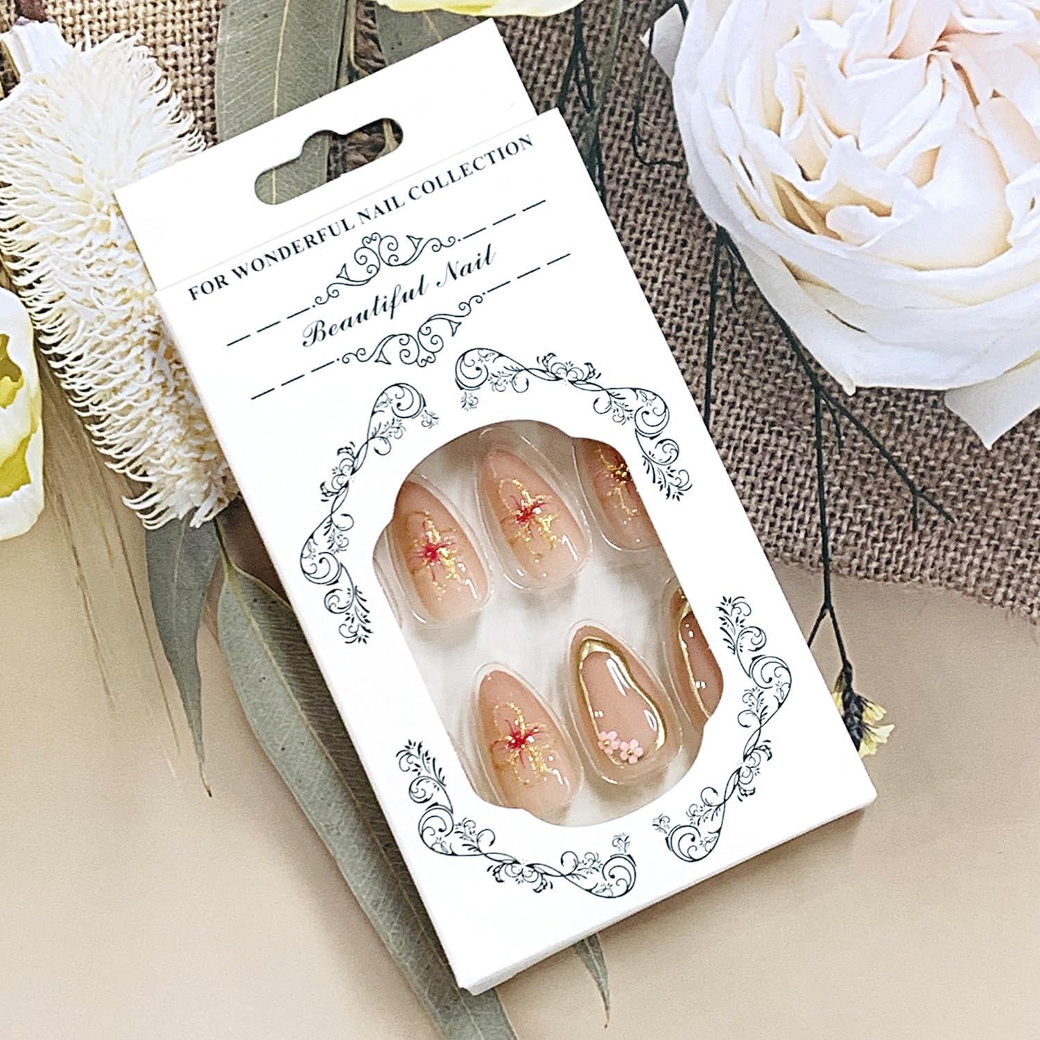 24 Uñas Falsas Almendra FIEONCIY con Diseño Floral y Kit