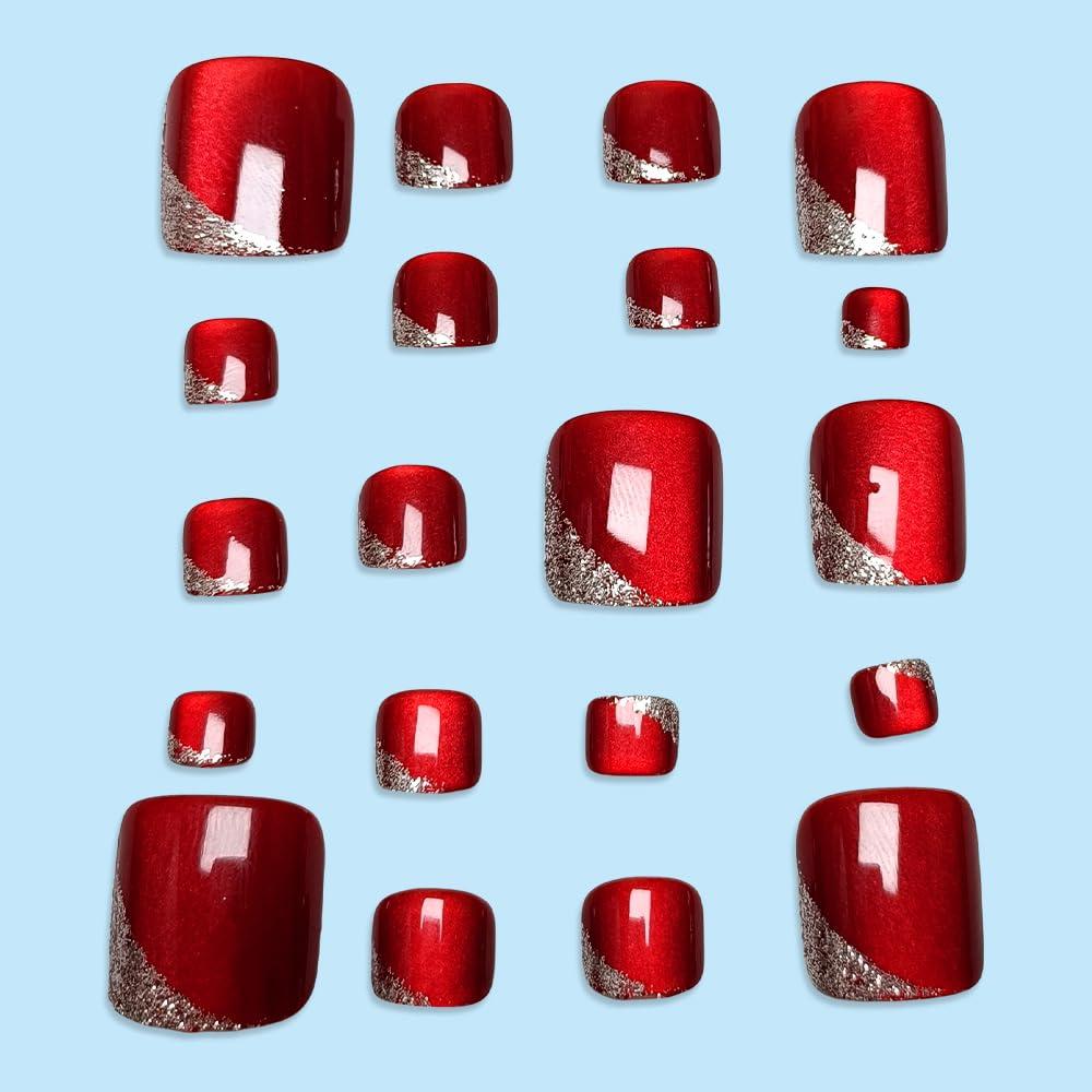 Uñas Postizas Cortas Cuadradas BLGTGH Rojo Vino 24Pcs