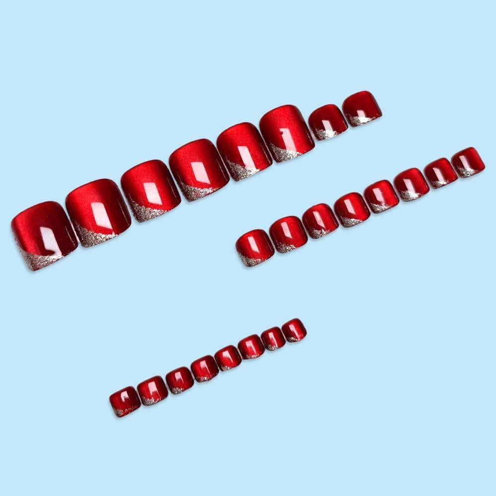 Uñas Postizas Cortas Cuadradas BLGTGH Rojo Vino 24Pcs