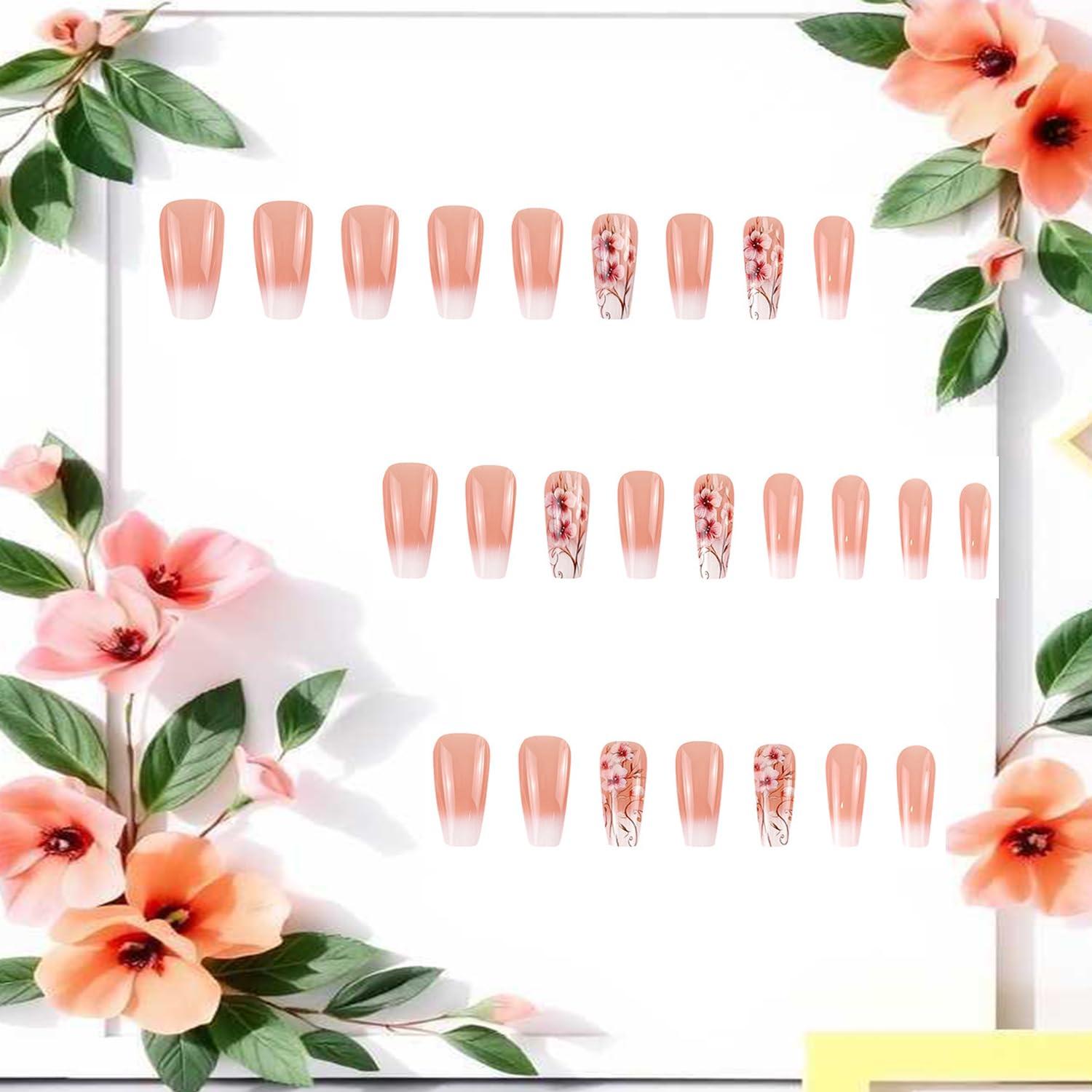 24 Uñas Postizas Acrílicas Florales en Gradiente - CJDLTS