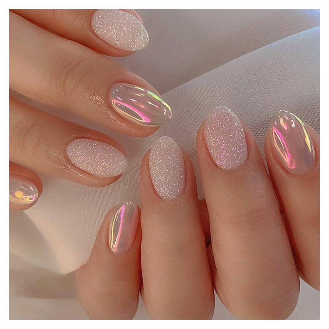 Uñas Postizas Almendra Cromadas Brillantes 24 Pcs Whiosyrt