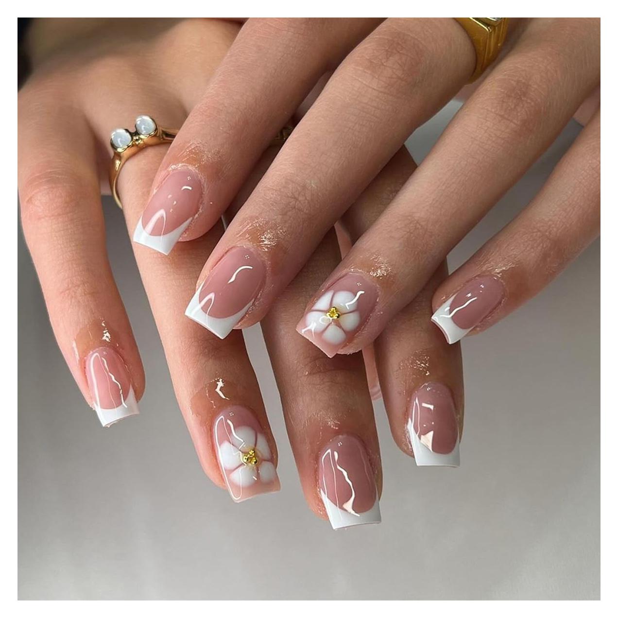 Kit de Uñas Postizas Cortas YEFIUO 24 Pcs Acrílicas Rosadas