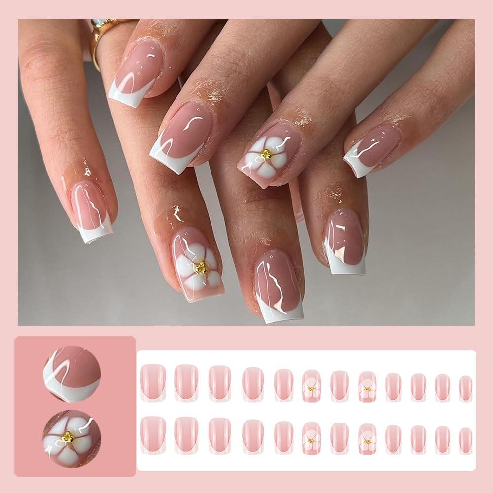 Kit de Uñas Postizas Cortas YEFIUO 24 Pcs Acrílicas Rosadas