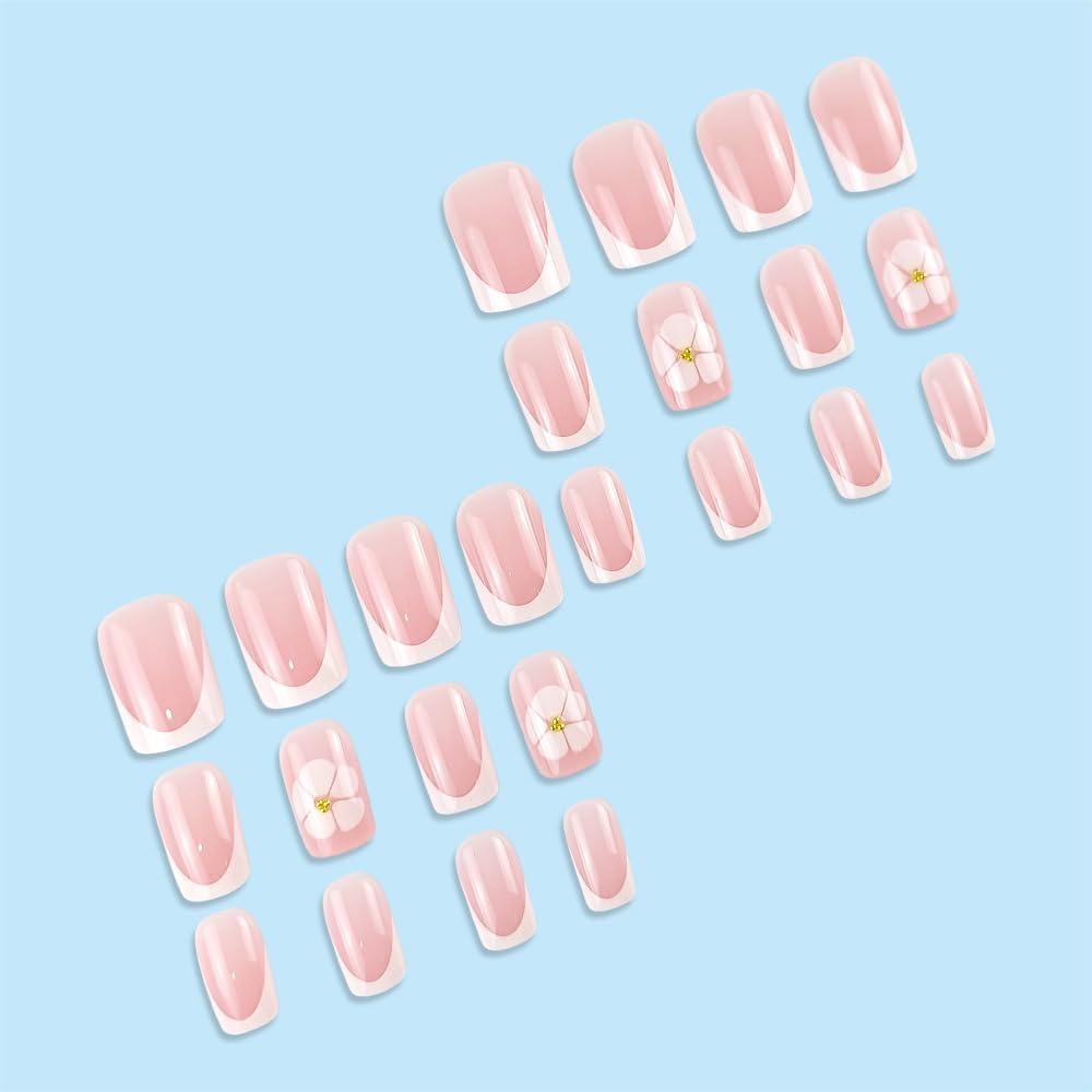 Kit de Uñas Postizas Cortas YEFIUO 24 Pcs Acrílicas Rosadas