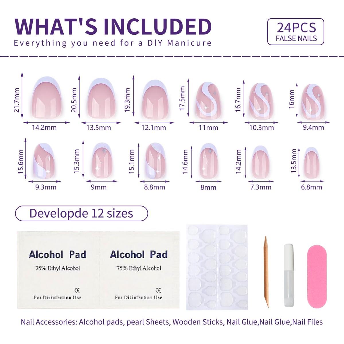 Uñas Postizas Cortas Mivota Almendra Francesa Púrpura 24 Pcs