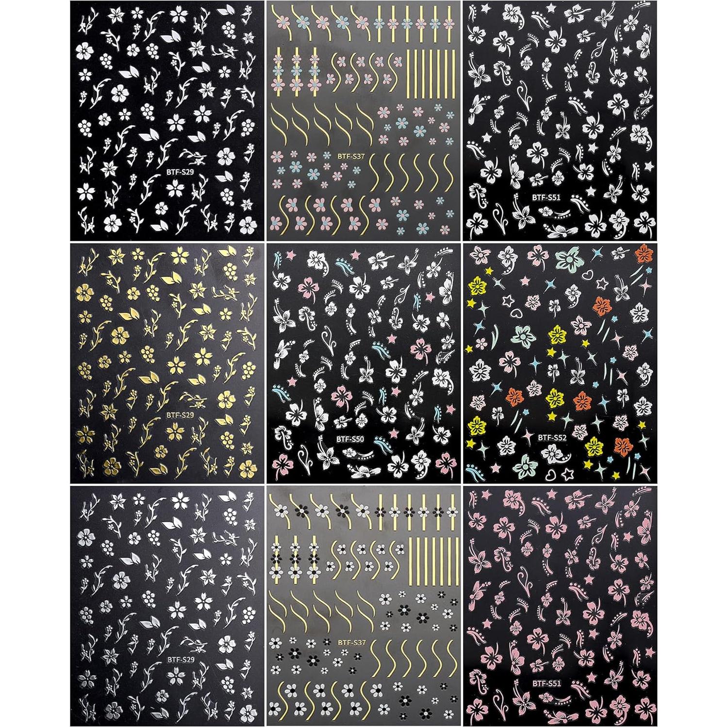 Pegatinas de Uñas JMEOWIO 9 Hojas Flores Coloridas