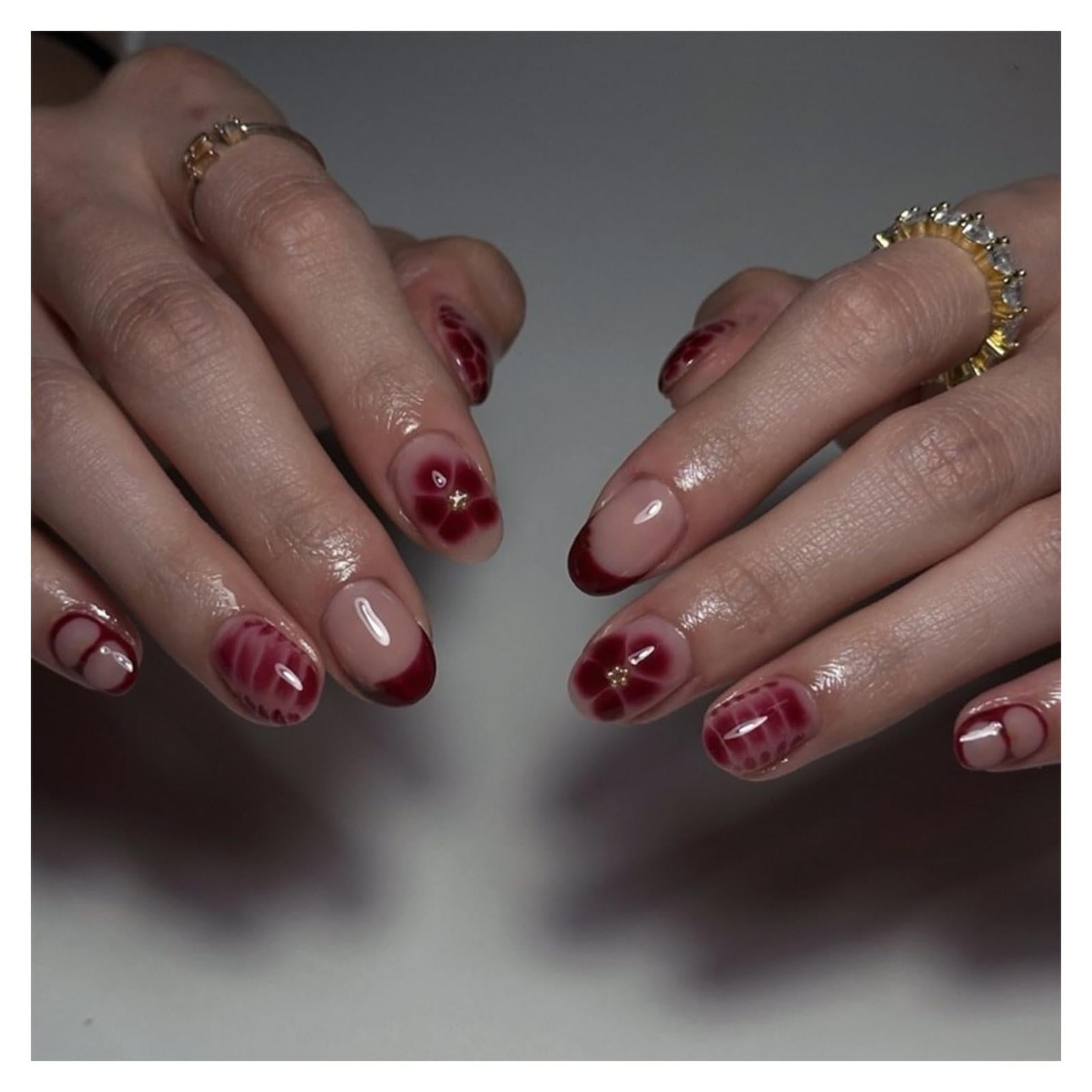 Uñas Postizas Cortas Acrílicas OCOUYVD Flores Rojas 24 Pcs