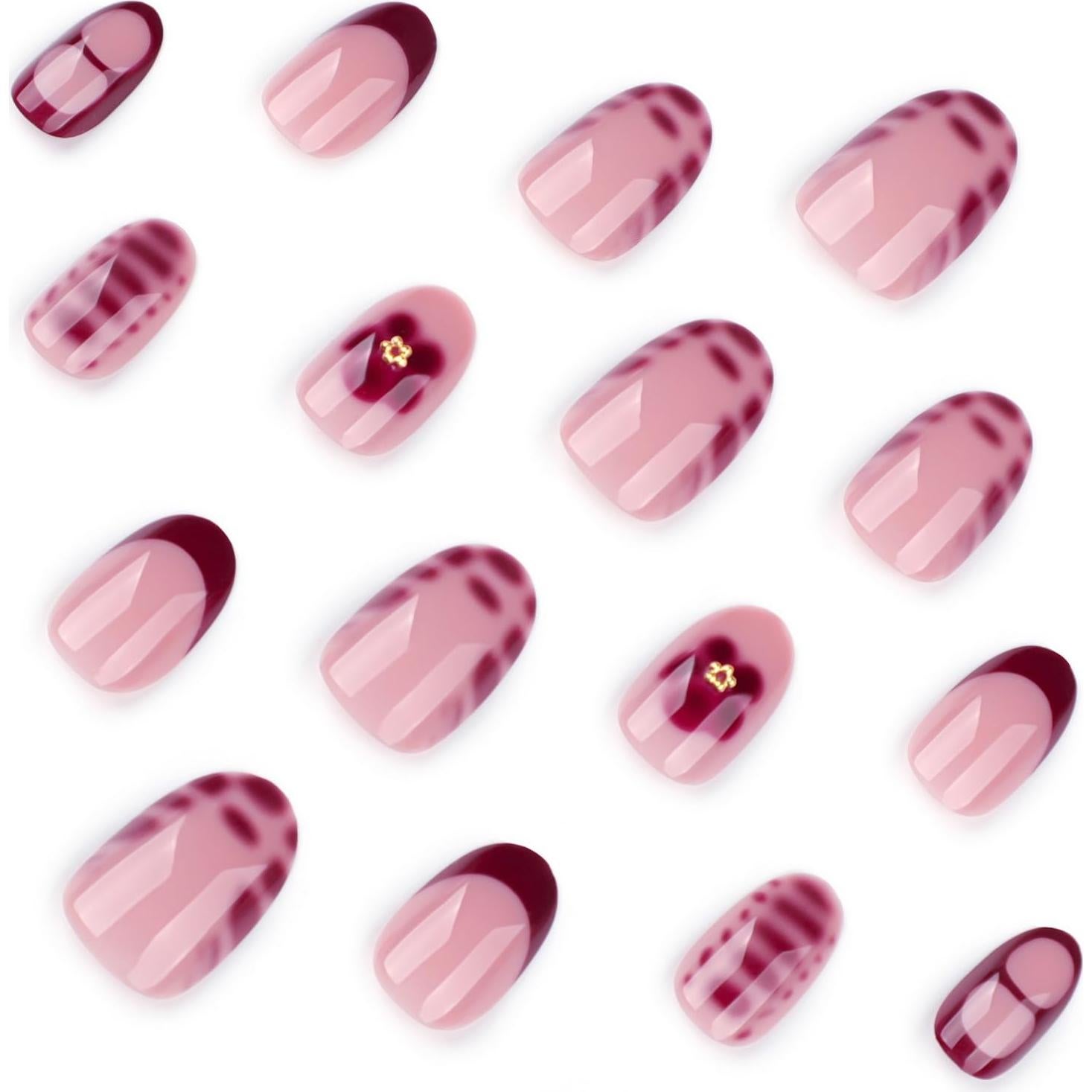 Uñas Postizas Cortas Acrílicas OCOUYVD Flores Rojas 24 Pcs