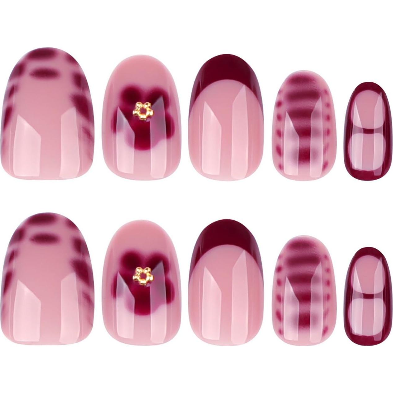 Uñas Postizas Cortas Acrílicas OCOUYVD Flores Rojas 24 Pcs