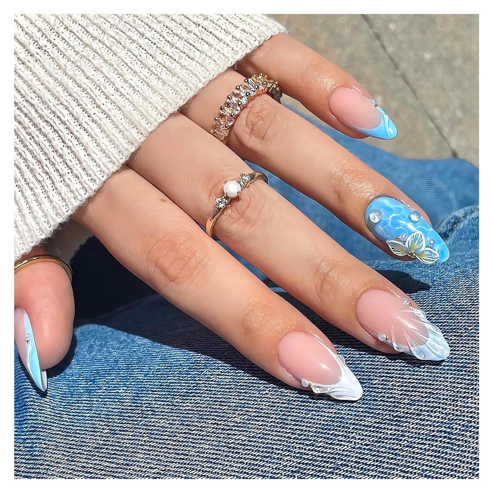 Uñas Postizas 3D Almendra Media LPOODDNU 24 Pcs Diseño Floral