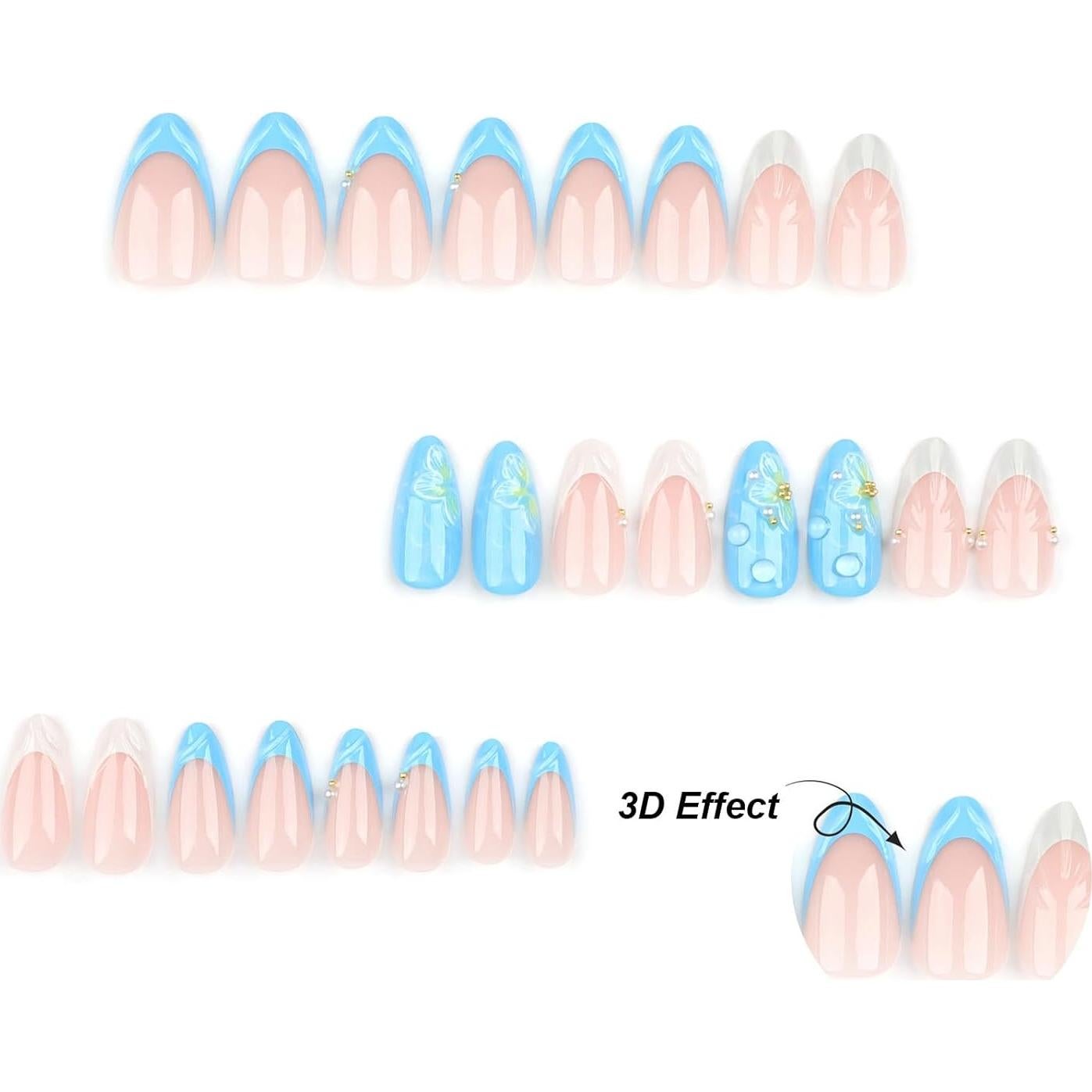 Uñas Postizas 3D Almendra Media LPOODDNU 24 Pcs Diseño Floral