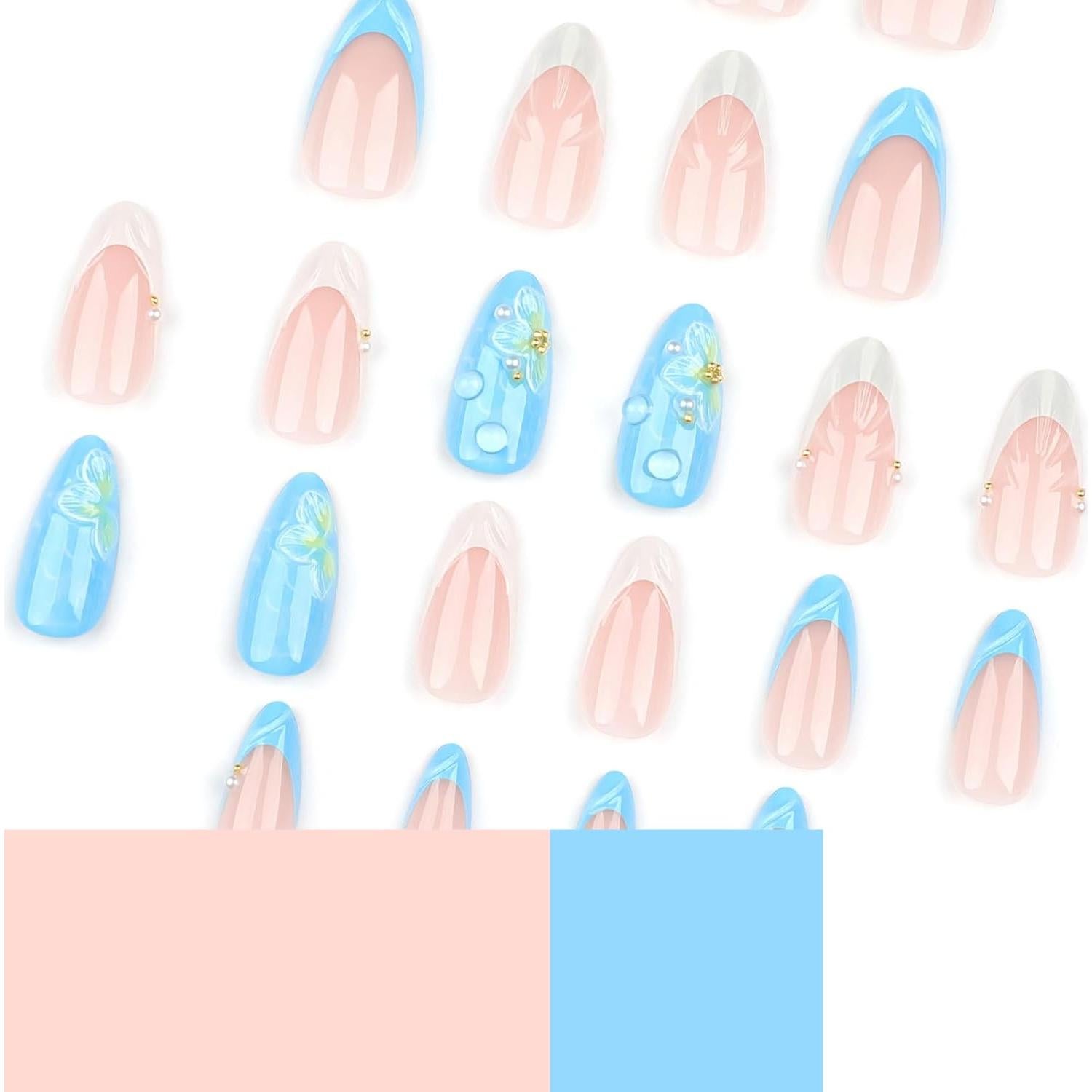 Uñas Postizas 3D Almendra Media LPOODDNU 24 Pcs Diseño Floral