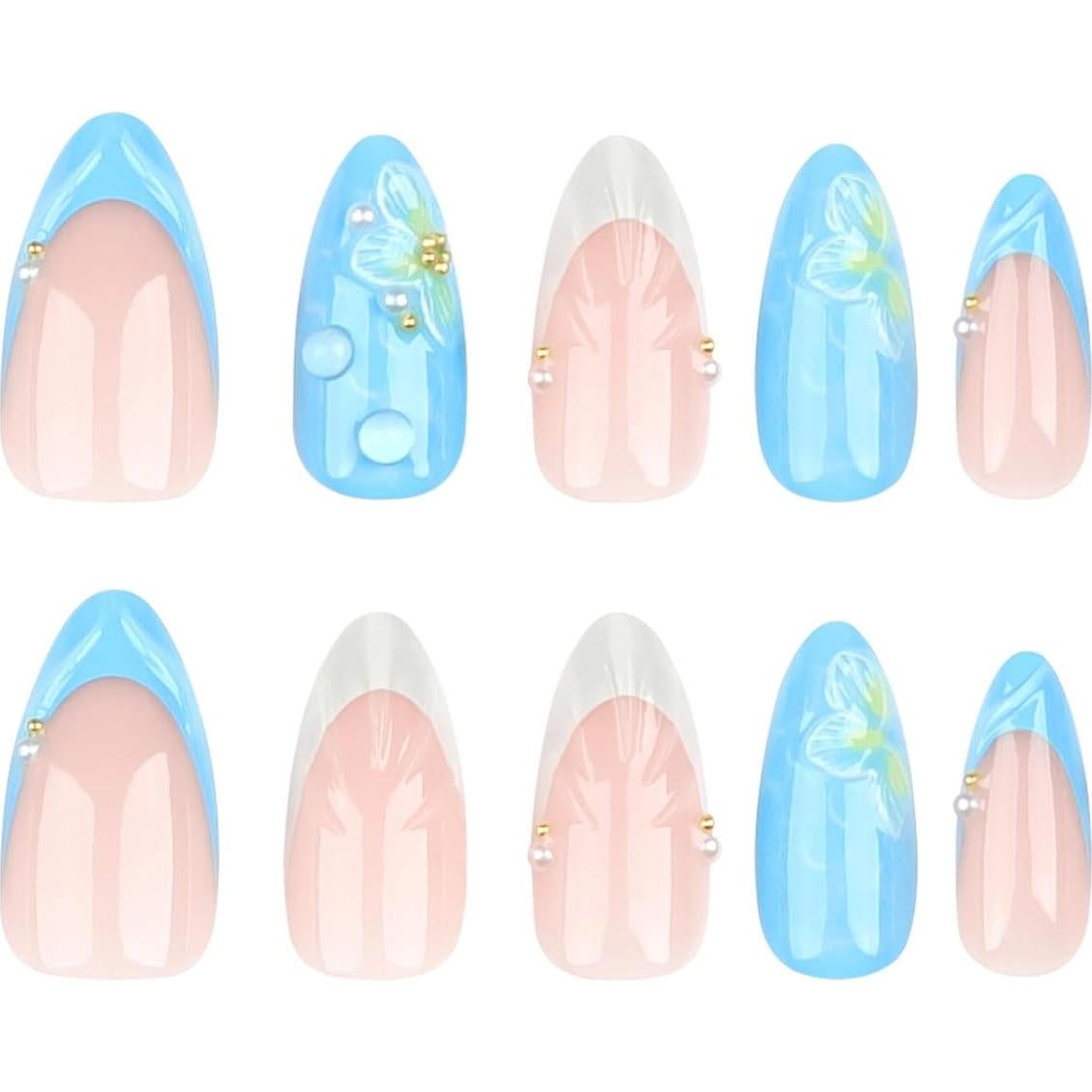 Uñas Postizas 3D Almendra Media LPOODDNU 24 Pcs Diseño Floral