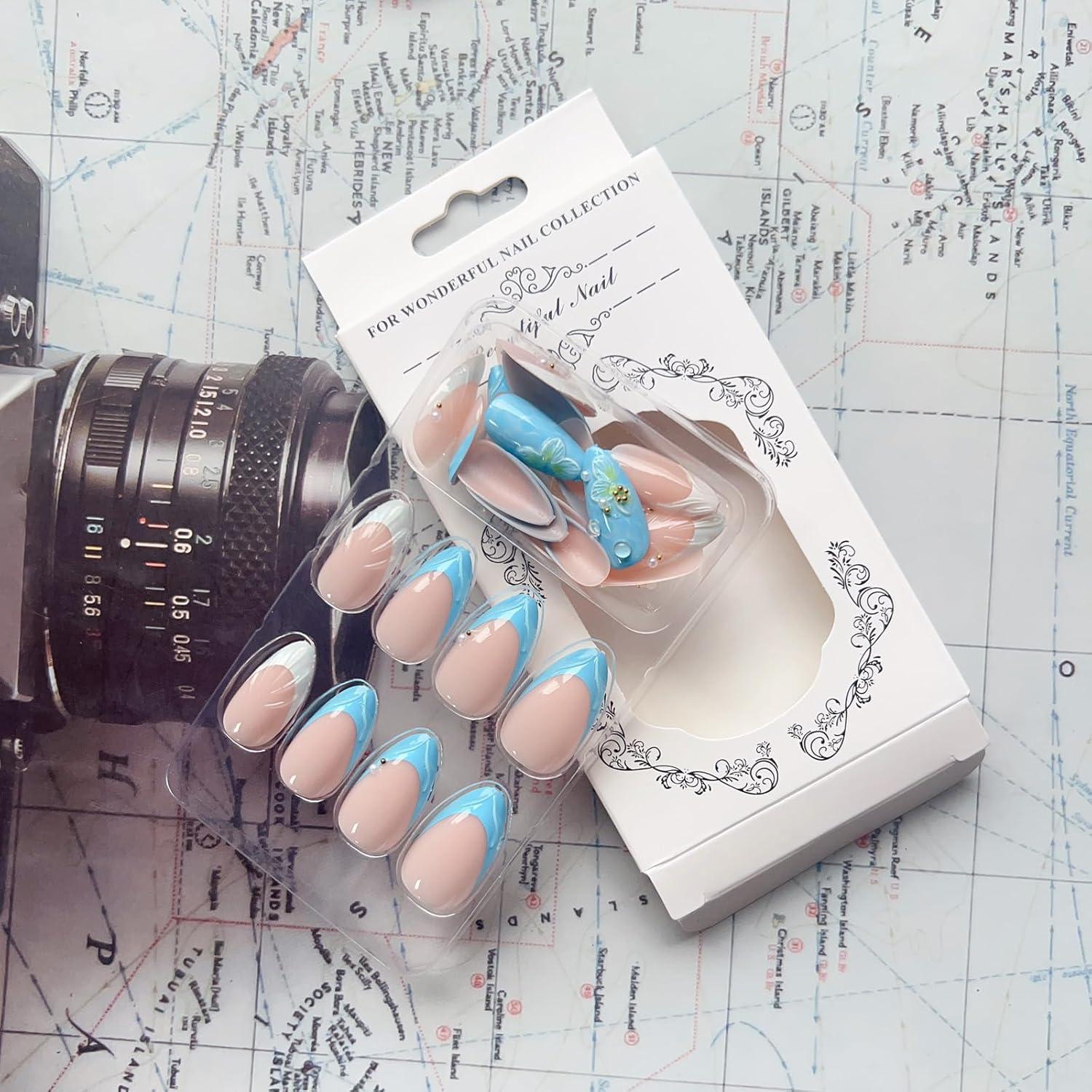 Uñas Postizas 3D Almendra Media LPOODDNU 24 Pcs Diseño Floral