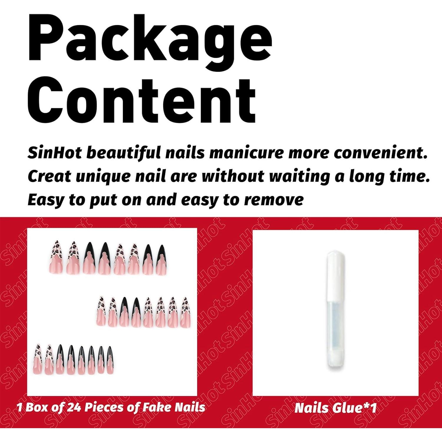 Uñas Postizas Stiletto Largas SINHOT 24 pcs con Pegamento