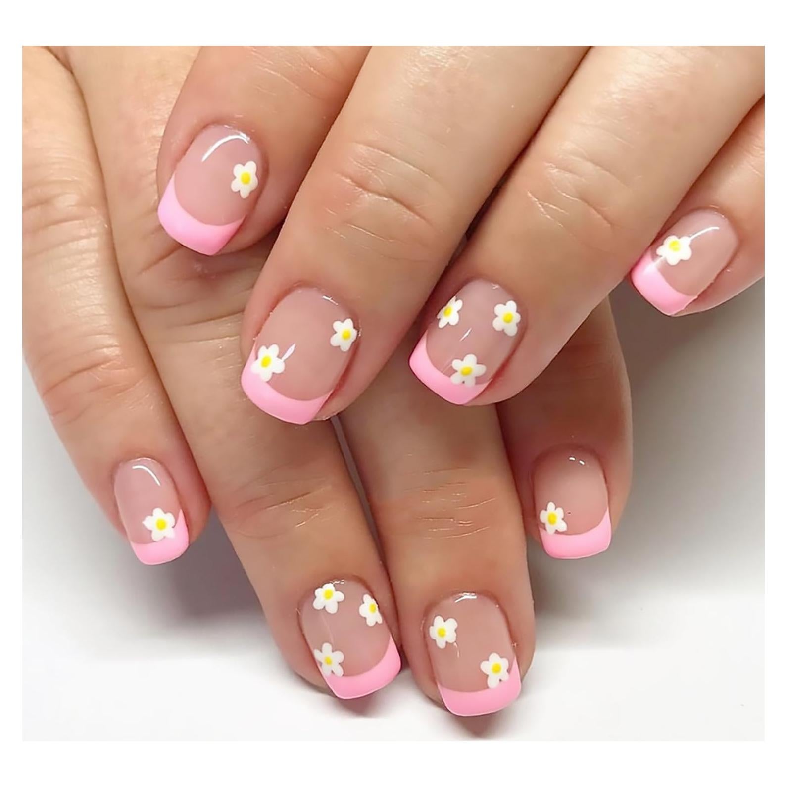 Uñas Postizas Cortas Cuadradas Tyuimhx 24 Pcs Punta Francesa Rosa