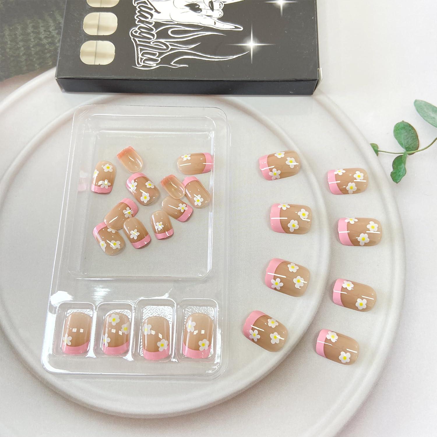 Uñas Postizas Cortas Cuadradas Tyuimhx 24 Pcs Punta Francesa Rosa