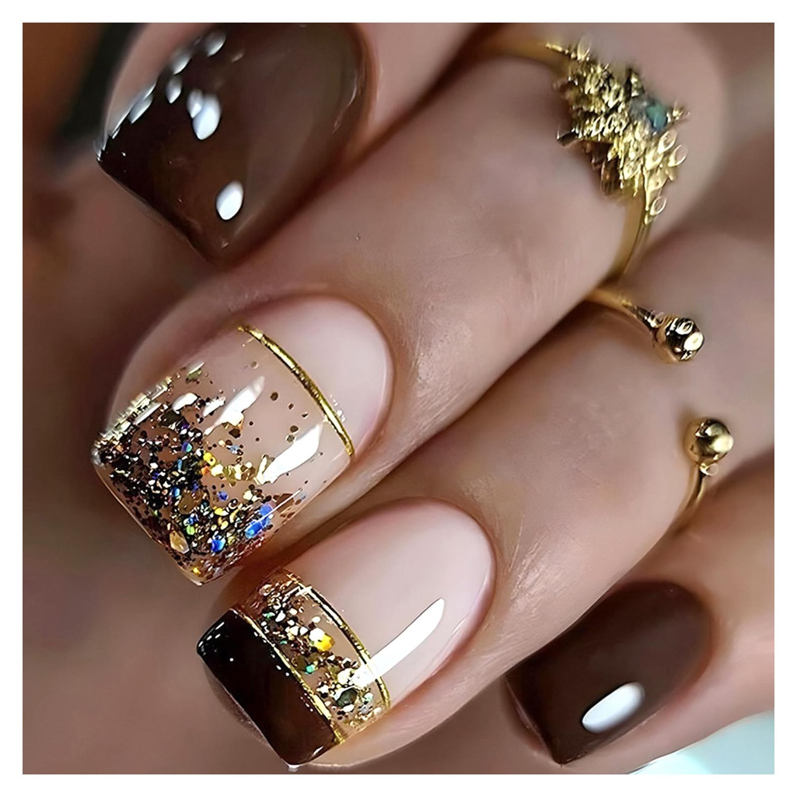 Uñas Postizas Cortas Francesas Marrones WBRRFJJ 24 Pcs