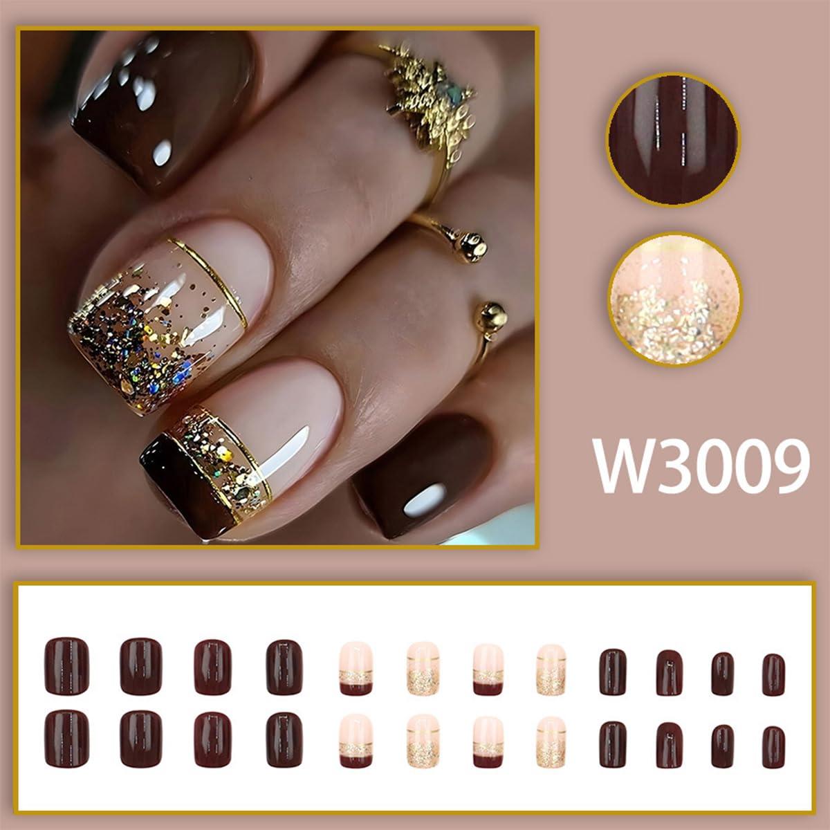 Uñas Postizas Cortas Francesas Marrones WBRRFJJ 24 Pcs