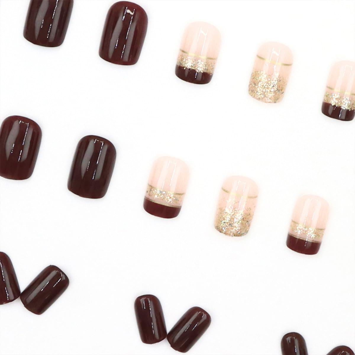 Uñas Postizas Cortas Francesas Marrones WBRRFJJ 24 Pcs