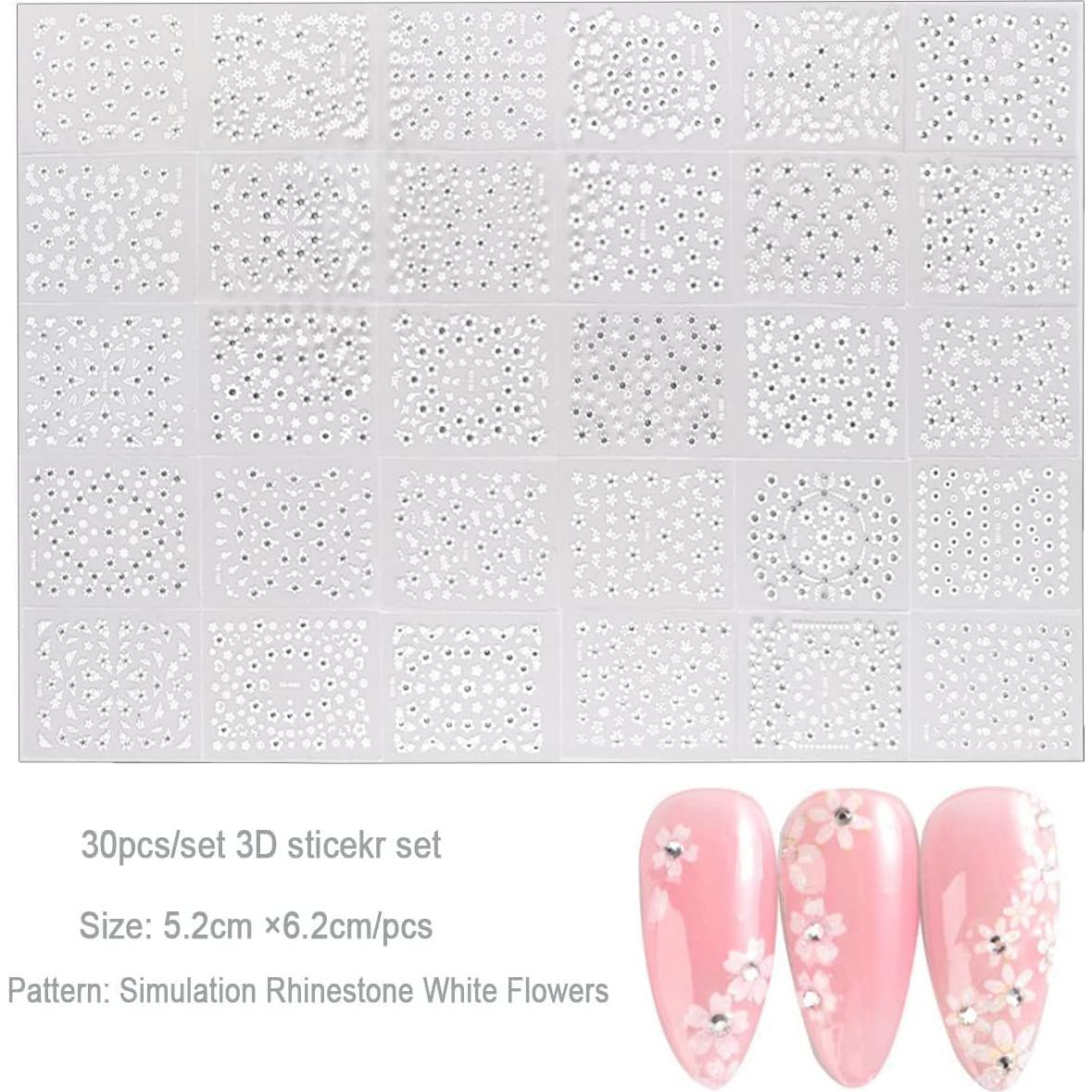 30 Hojas Stickers de Uñas 3D Flores Blancas CEWEWP