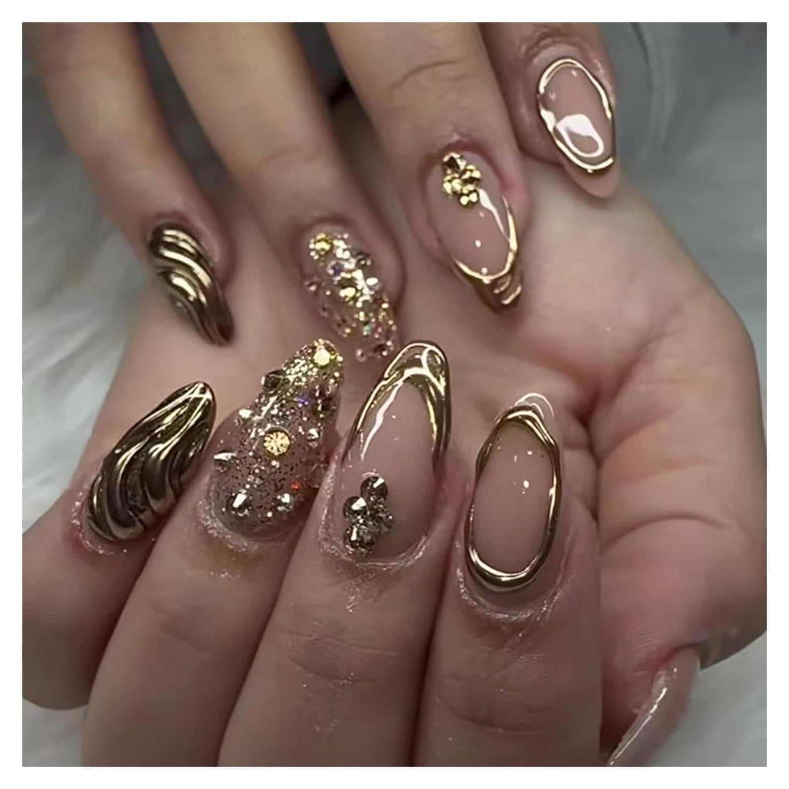 Uñas Postizas de Almendra Doradas 24Pcs - LRKNNO