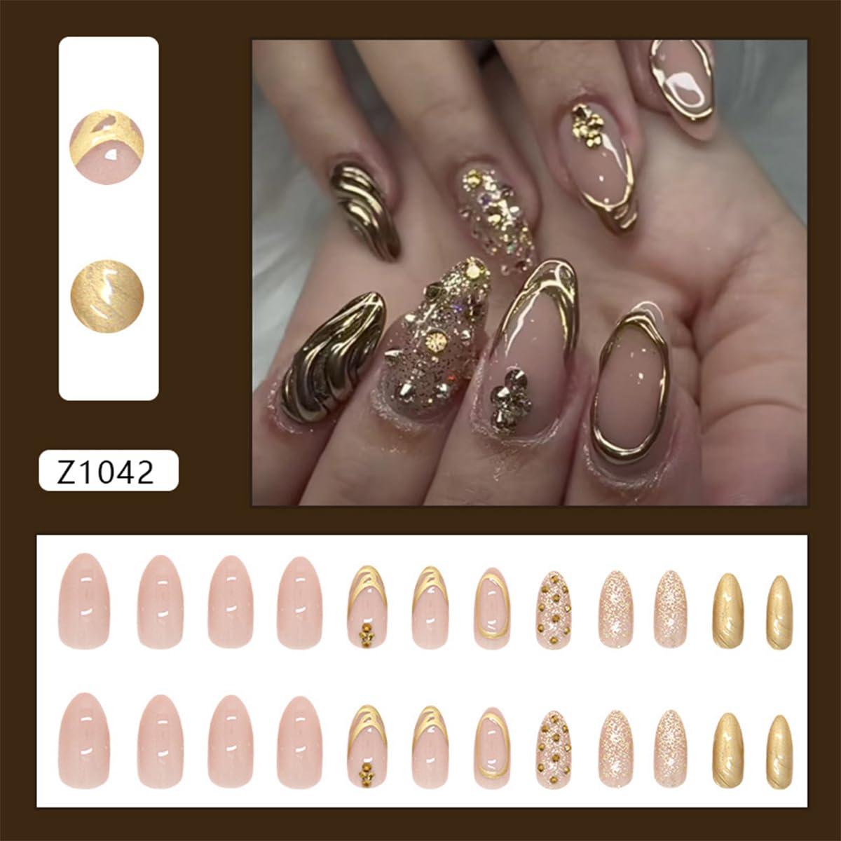 Uñas Postizas de Almendra Doradas 24Pcs - LRKNNO