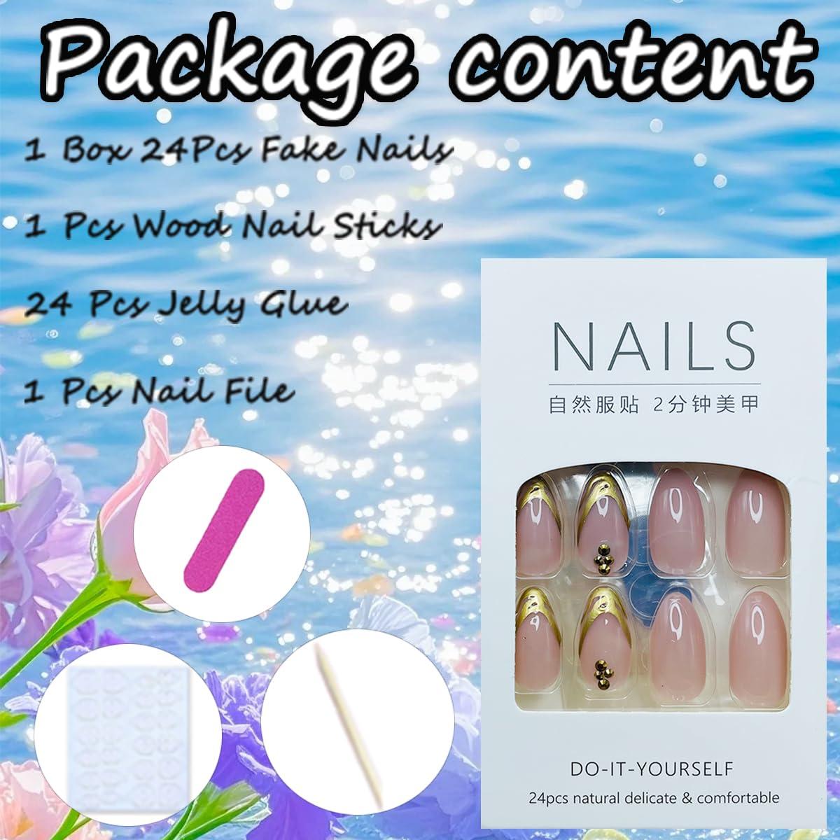 Uñas Postizas de Almendra Doradas 24Pcs - LRKNNO