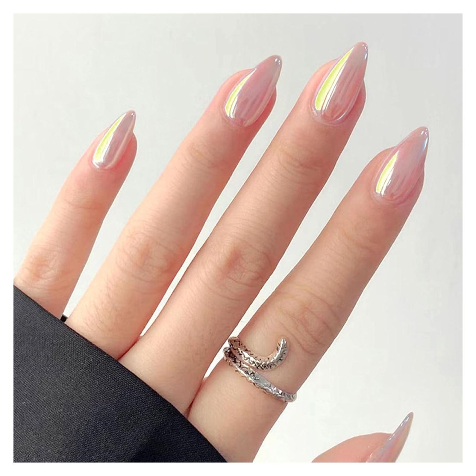 Uñas Postizas Cortas Almendra SRIMNUYY 24 Piezas Brillantes