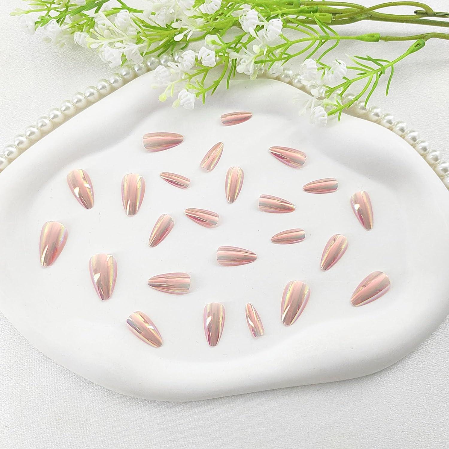 Uñas Postizas Cortas Almendra SRIMNUYY 24 Piezas Brillantes