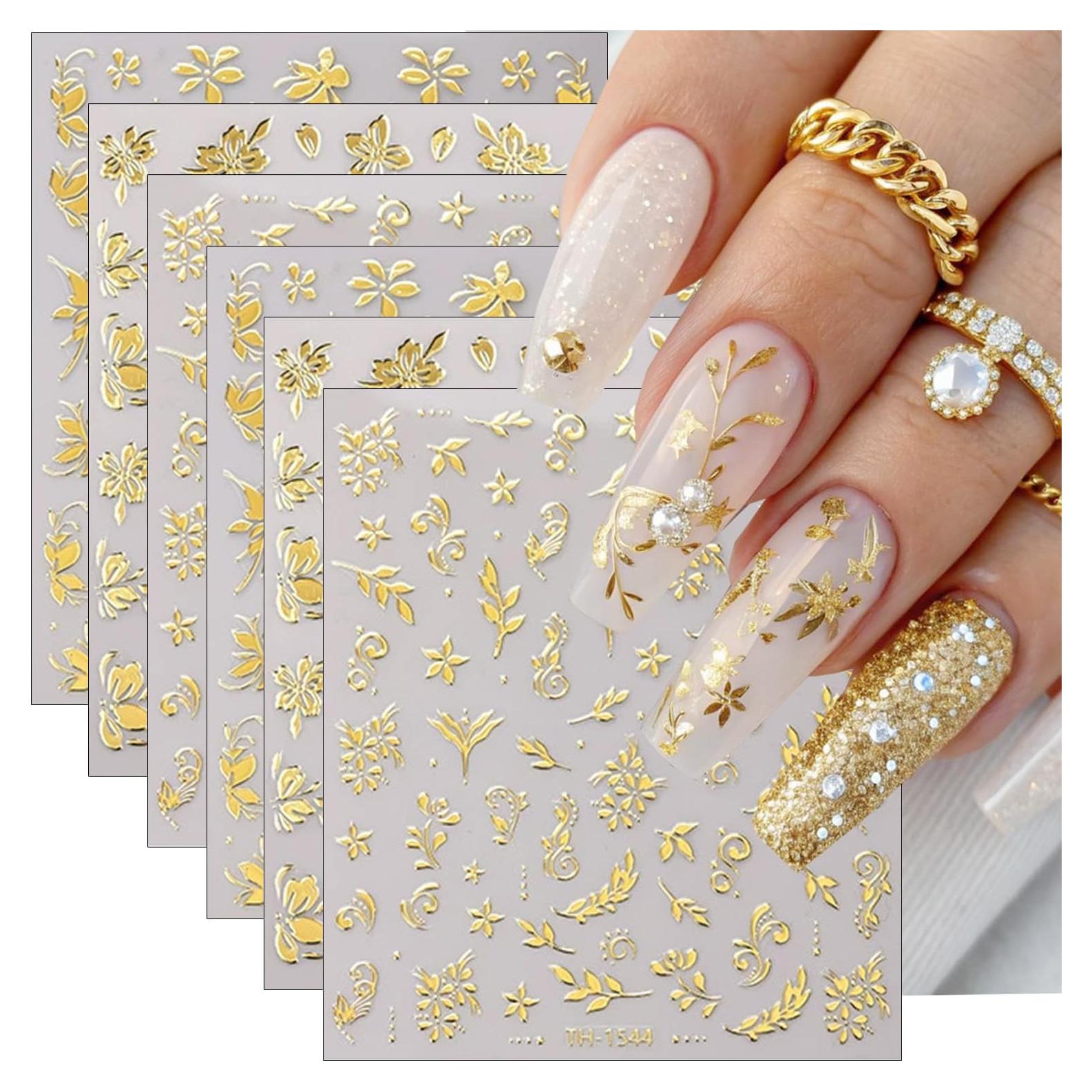 Calcomanías de Uñas 3D Doradas BMKKOT - 6 Hojas Flores