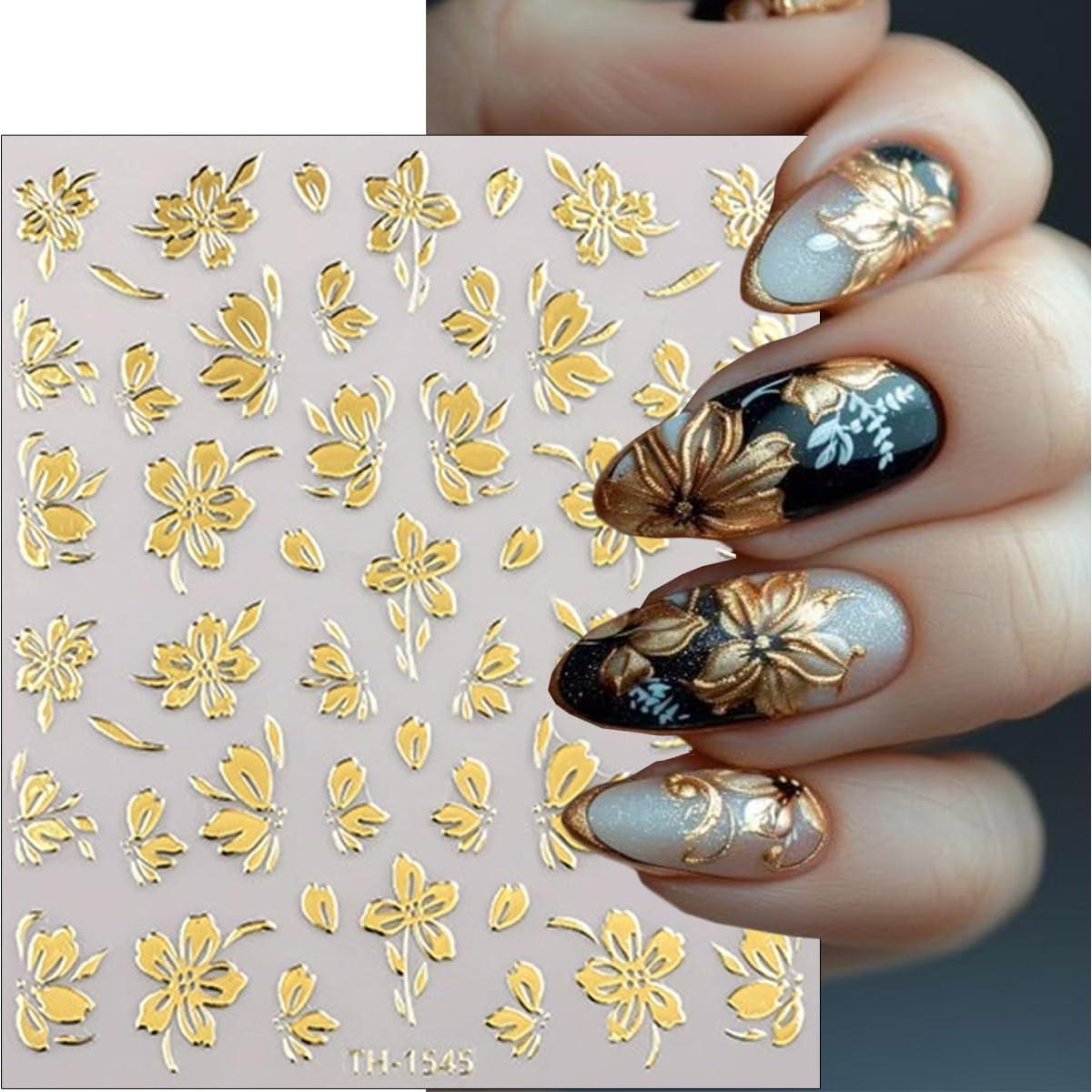 Calcomanías de Uñas 3D Doradas BMKKOT - 6 Hojas Flores