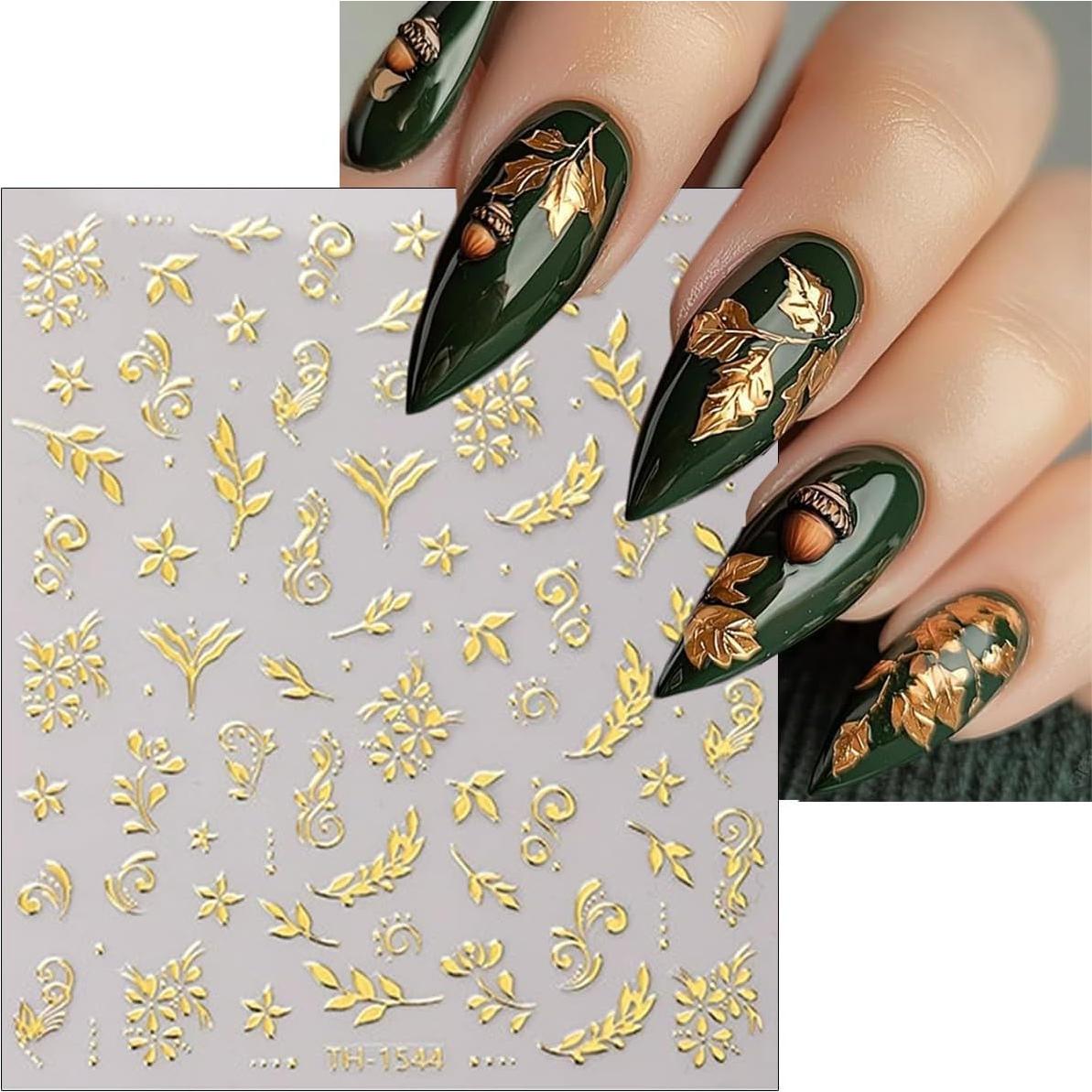 Calcomanías de Uñas 3D Doradas BMKKOT - 6 Hojas Flores