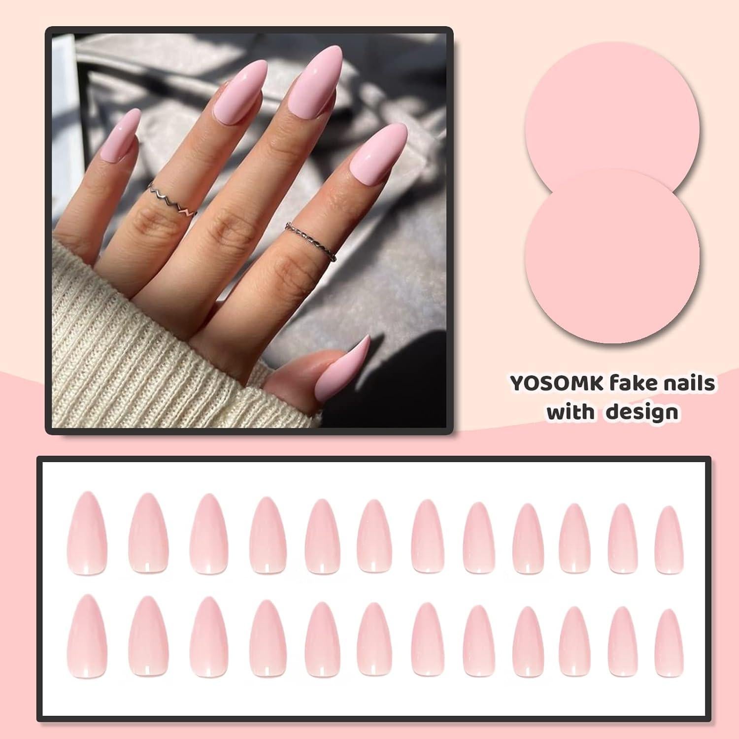 Uñas Postizas Rosa Claro Almendra Yosomk - 24 Piezas