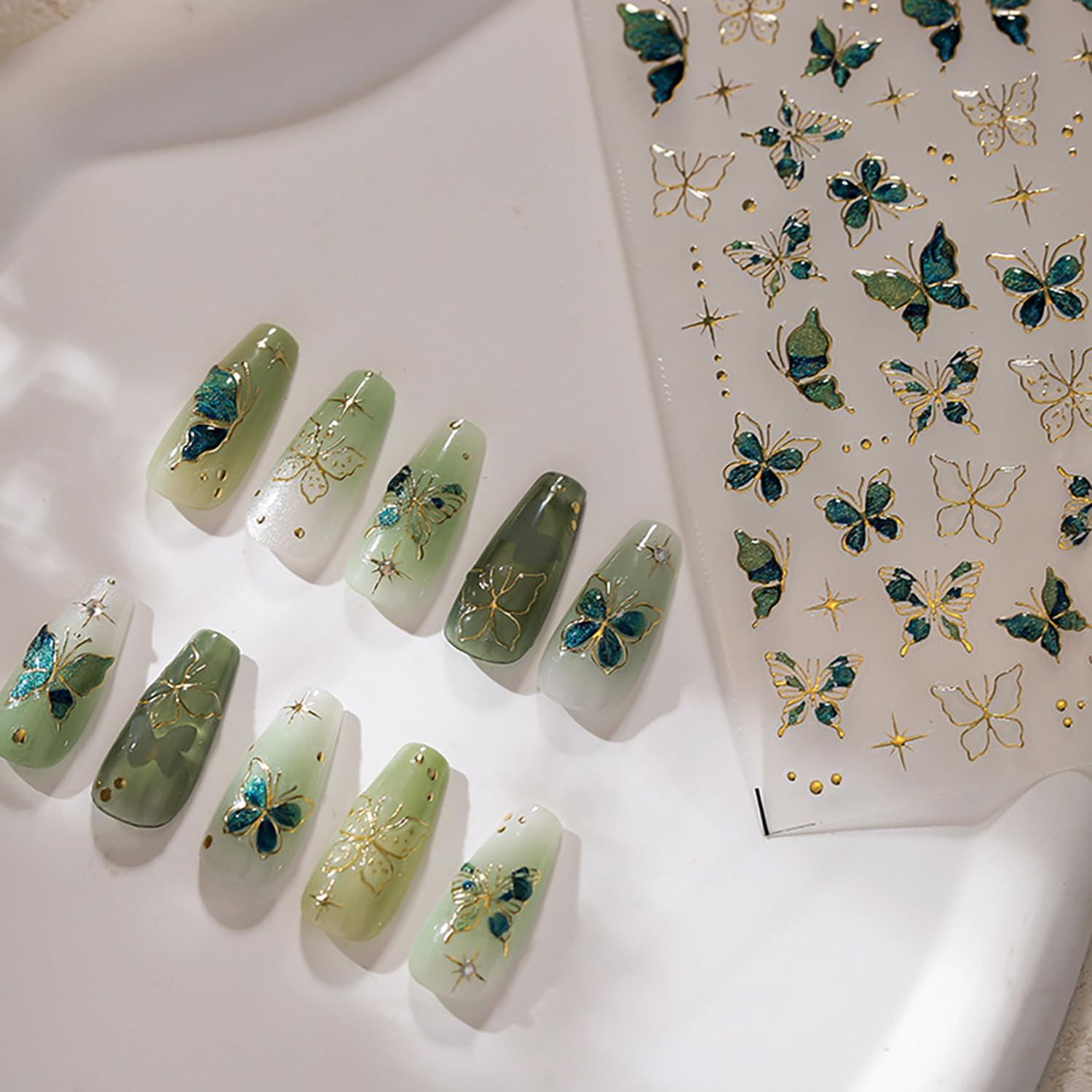 Calcomanías 5D de Uñas de Mariposa Verde y Doradas LYLYNB